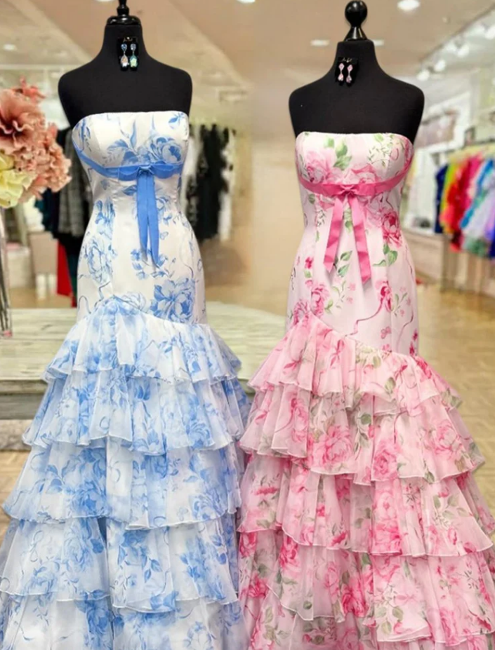 Strapless Mermaid Long Prom Dress with Bow and Ruffle Skirt