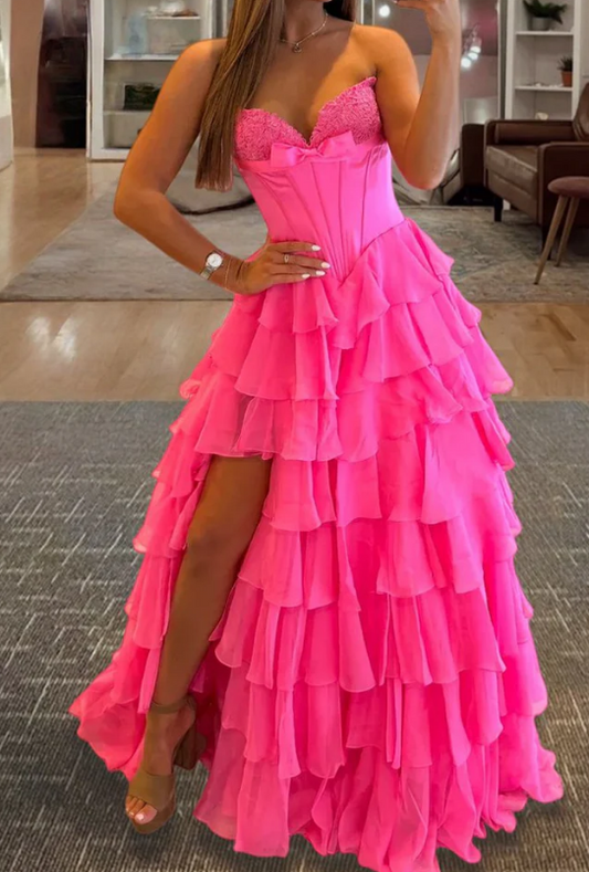 Strapless A-line Long Prom Dress with Bow and Ruffle Skirt