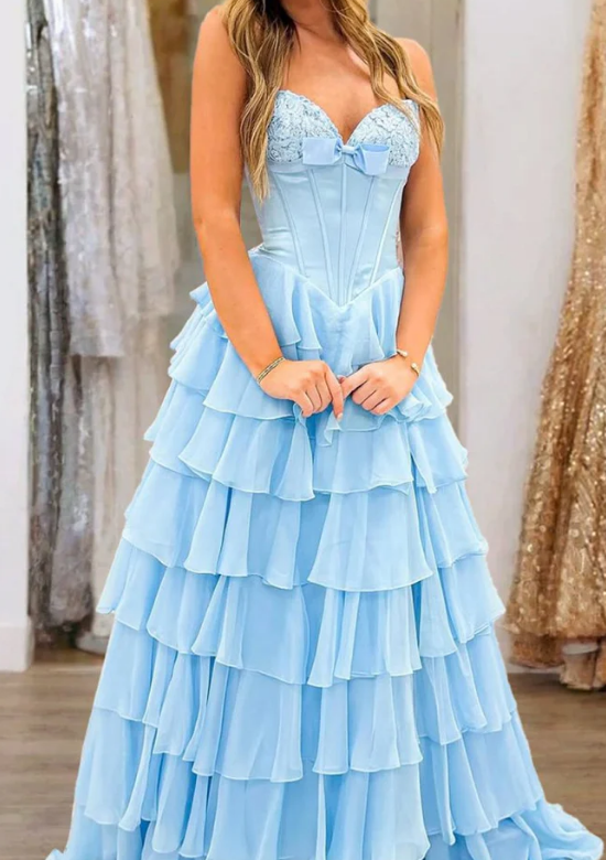 Strapless A-line Long Prom Dress with Bow and Ruffle Skirt