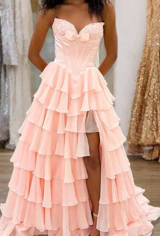Strapless A-line Long Prom Dress with Bow and Ruffle Skirt