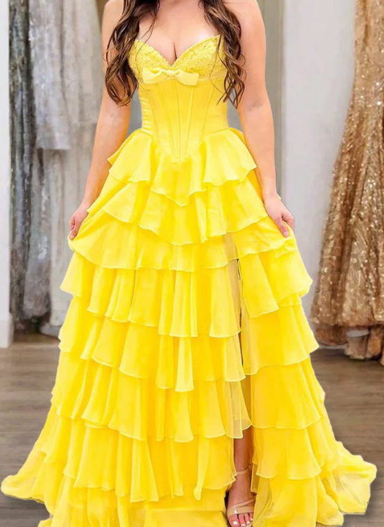 Strapless A-line Long Prom Dress with Bow and Ruffle Skirt