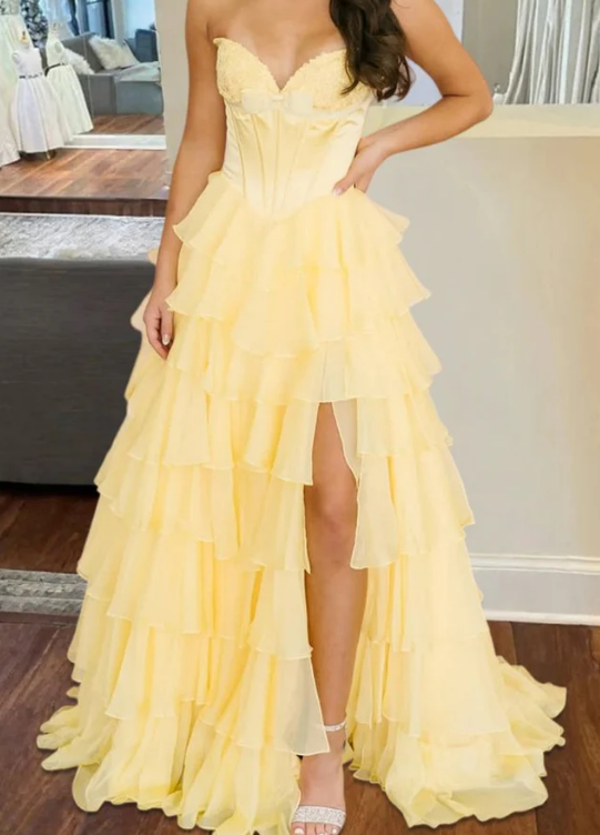 Strapless A-line Long Prom Dress with Bow and Ruffle Skirt