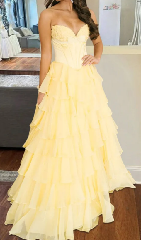 Strapless A-line Long Prom Dress with Bow and Ruffle Skirt
