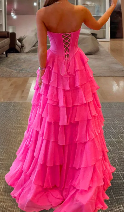 Strapless A-line Long Prom Dress with Bow and Ruffle Skirt