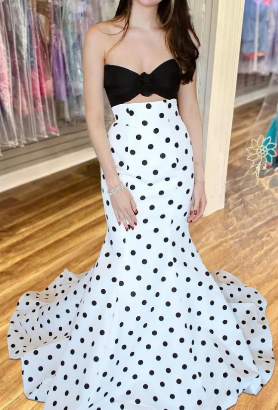 Strapless Polka Dot Long Prom Dress with Bow