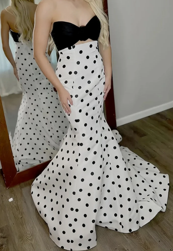Strapless Polka Dot Long Prom Dress with Bow