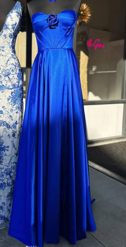 Strapless Royal blue Long Prom Dress with Flower