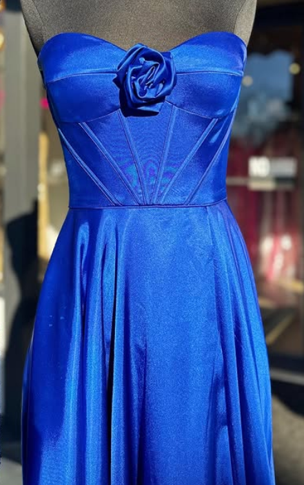 Strapless Royal blue Long Prom Dress with Flower