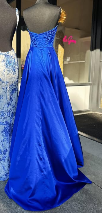 Strapless Royal blue Long Prom Dress with Flower