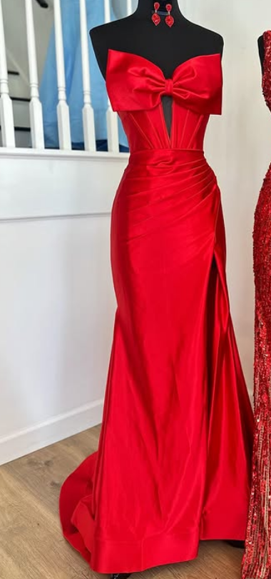 Strapless Red Long Prom Dress with Bow