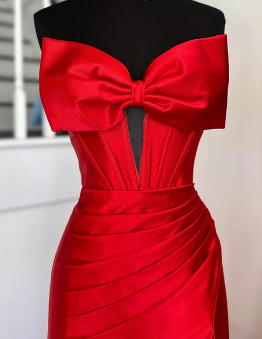 Strapless Red Long Prom Dress with Bow