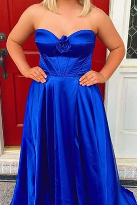Strapless Royal blue Long Prom Dress with Flower