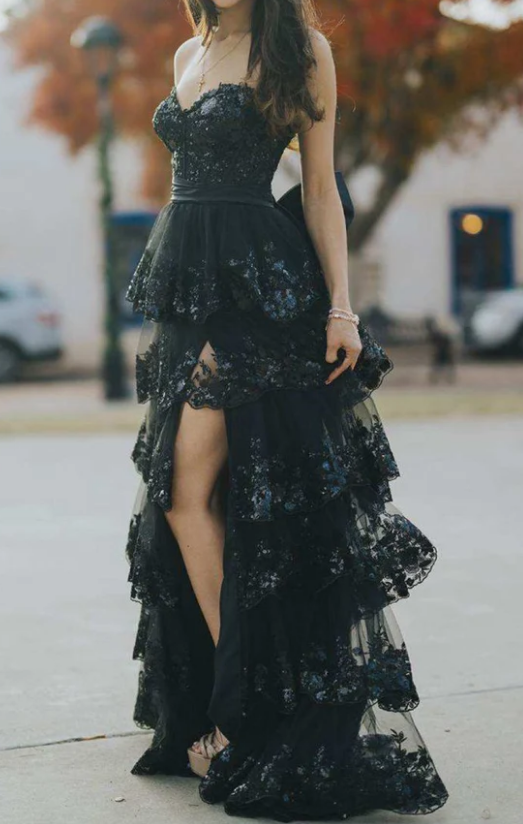 Strapless Black Long Prom Dress with Ruffle Skirt