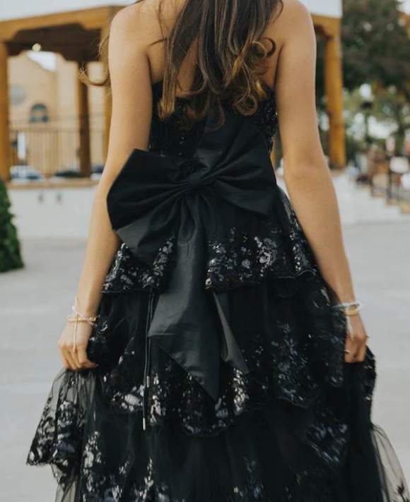 Strapless Black Long Prom Dress with Ruffle Skirt
