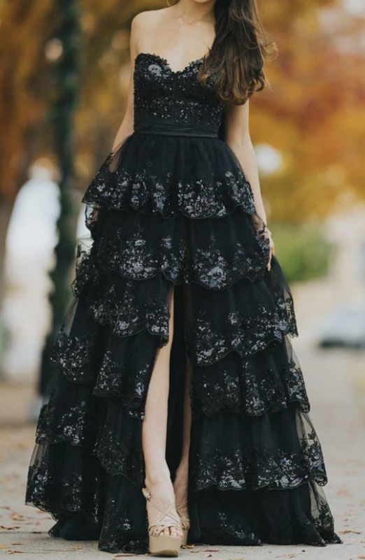 Strapless Black Long Prom Dress with Ruffle Skirt