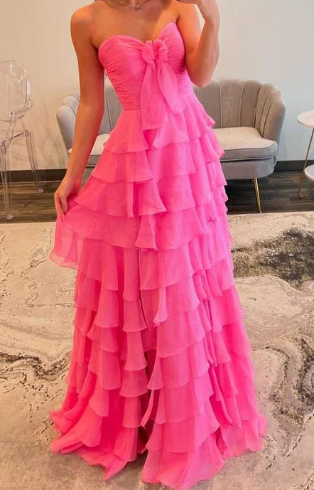 Strapless Chiffon Long Prom Dress with Ruffle Skirt
