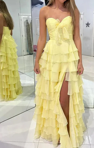 Strapless Chiffon Long Prom Dress with Ruffle Skirt