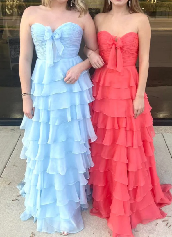 Strapless Chiffon Long Prom Dress with Ruffle Skirt
