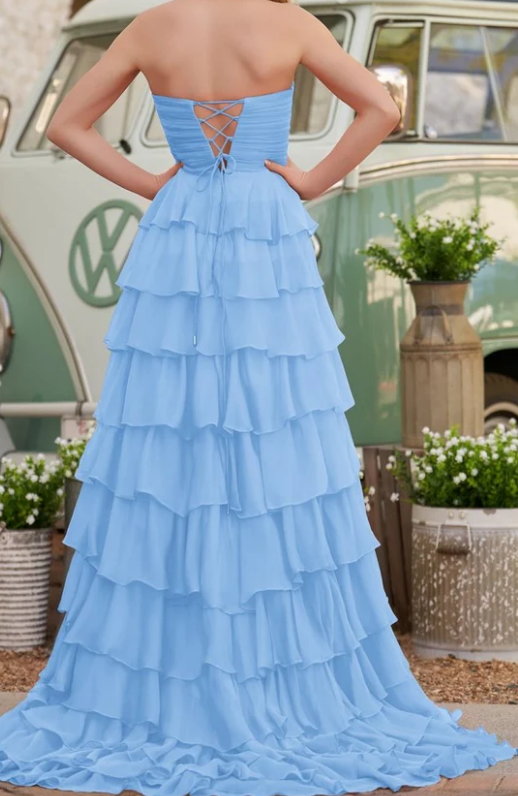 Strapless Chiffon Long Prom Dress with Ruffle Skirt