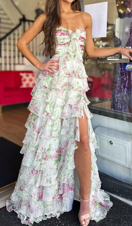 Strapless Long Prom Dress with Bow and Ruffle Skirt