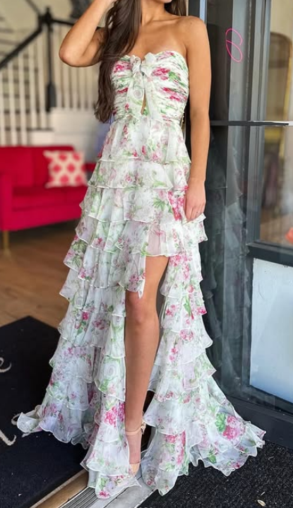 Strapless Long Prom Dress with Bow and Ruffle Skirt