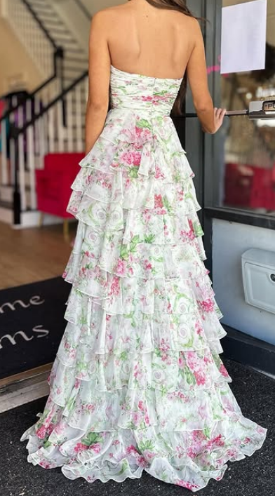 Strapless Long Prom Dress with Bow and Ruffle Skirt