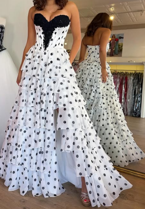 Strapless Polka Dot Long Prom Dress with Slit