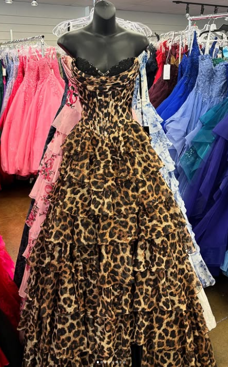 Strapless Cheetah Print Long Prom Dress with Ruffle Skirt