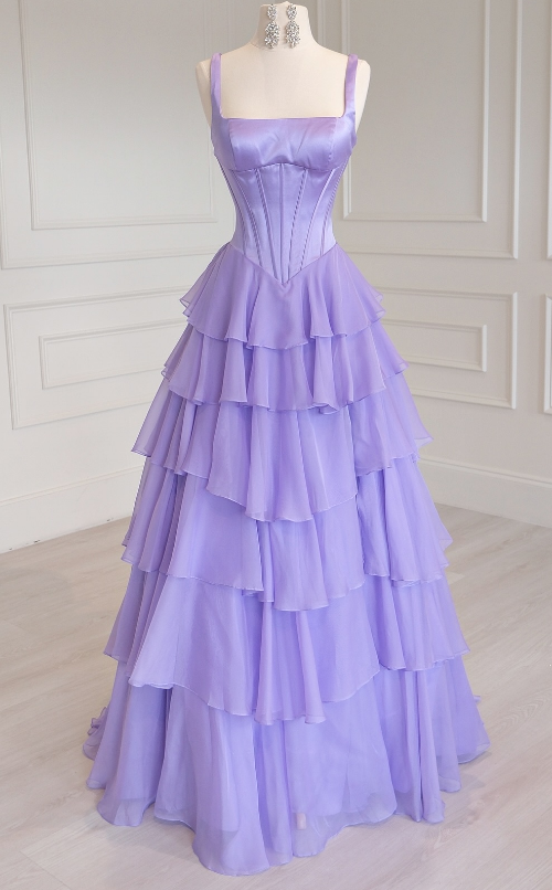 Straps Long Prom Dress with Ruffle Skirt