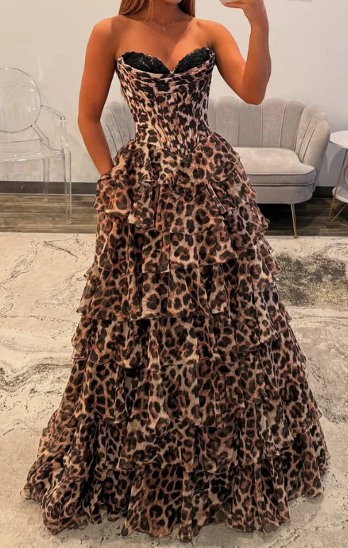 Strapless Cheetah Print Long Prom Dress with Ruffle Skirt