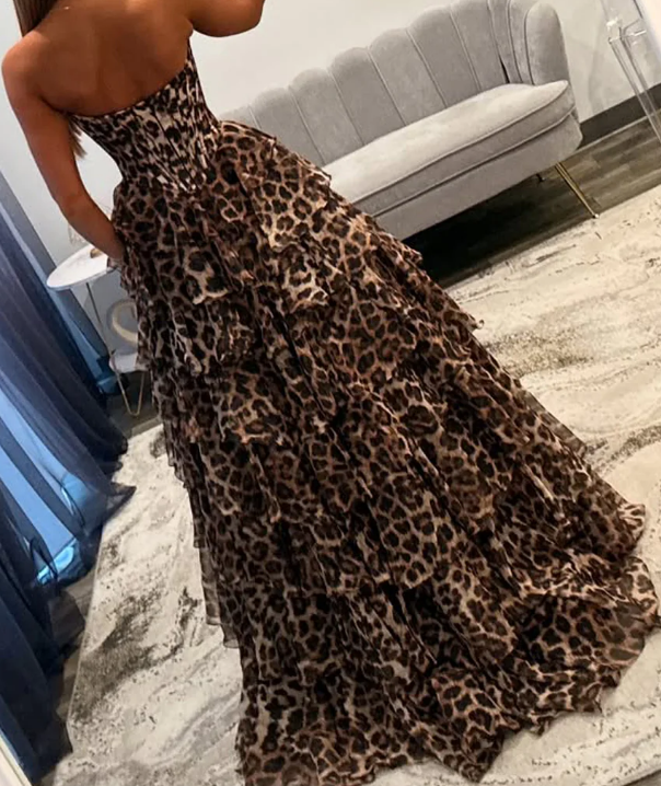 Strapless Cheetah Print Long Prom Dress with Ruffle Skirt