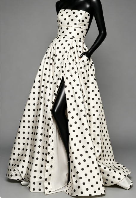 Strapless Polka Dot Long Prom Dress with Slit