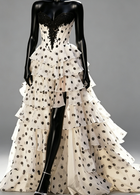 Strapless Polka Dot Long Prom Dress with Slit