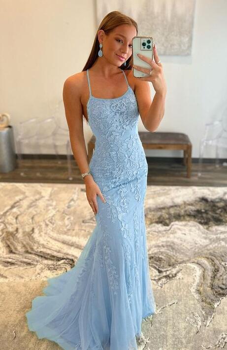 Straps Leaf Lace Mermaid Long Prom Dress