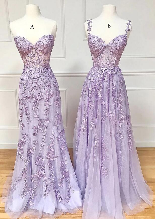Lilac Leaf Lace Long Prom Dress with Sheer Corset Bodice