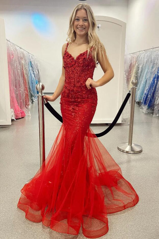 Mermaid Red Long Prom Dresses with Lace-up Back