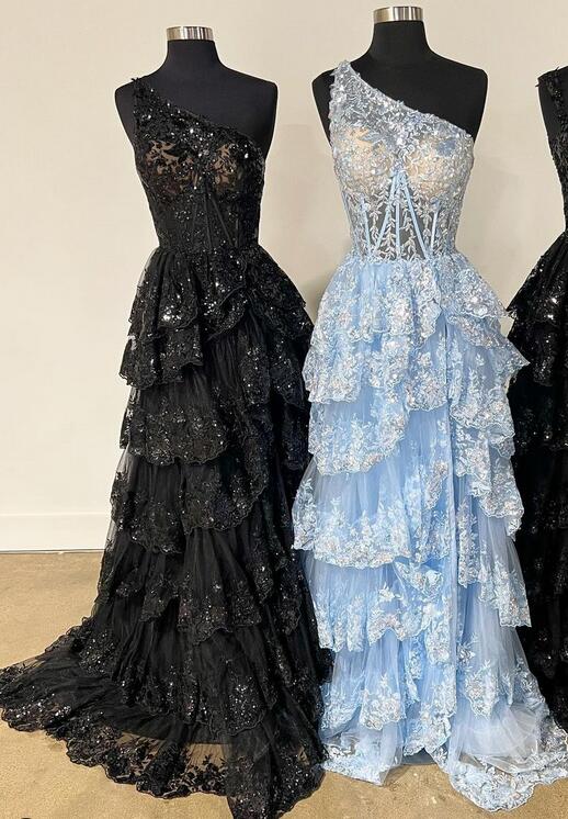 2024 One shoulder neck Tulle Sequins Long Prom Dress with Sheer Corset Bodice and Ruffle Skirt