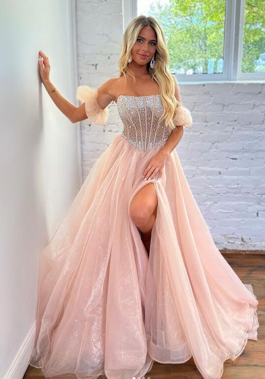 Organza Long Prom Dress with Beading Top and Short Sleeves