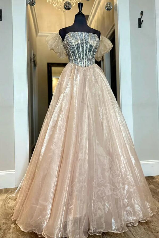 Organza Long Prom Dress with Beading Top and Short Sleeves