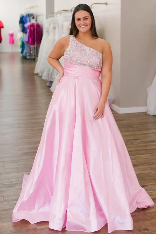 One Shoulder Beaded Top Empire Satin Long Prom Dress