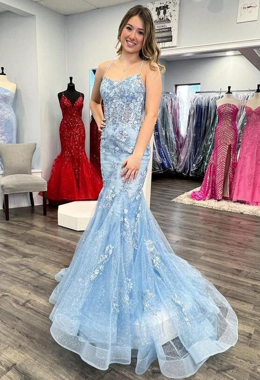 Straps Sparkly Mermaid Long Prom Dresses