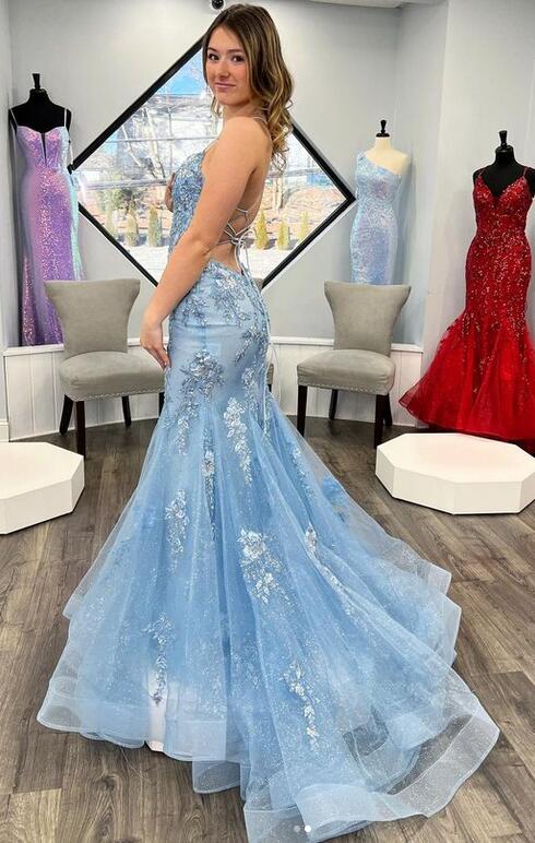 Straps Sparkly Mermaid Long Prom Dresses