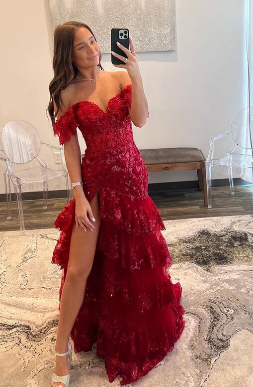 Red Tulle Sequin Mermaid Prom Dress with Sheer Corset Bodice and Ruffle Skirt