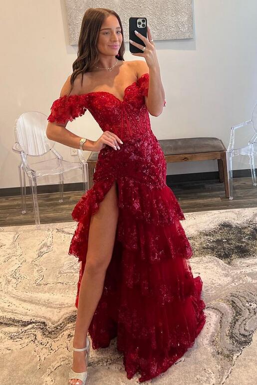 Red Tulle Sequin Mermaid Prom Dress with Sheer Corset Bodice and Ruffl –  DressesTailor