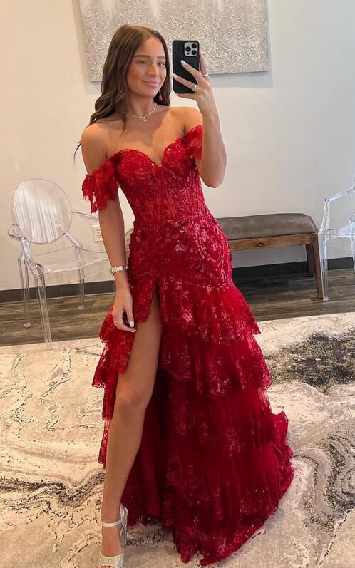 Red Tulle Sequin Mermaid Prom Dress with Sheer Corset Bodice and Ruffle Skirt
