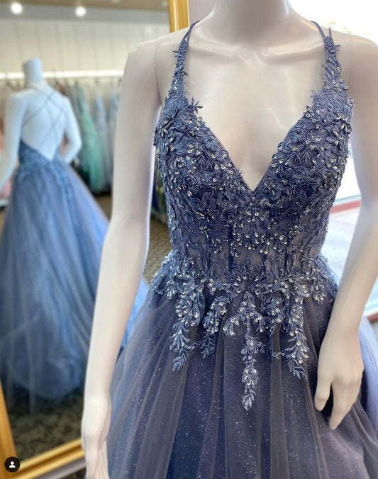 V-neck Sparkly Long Prom Dress with Lace and Beading
