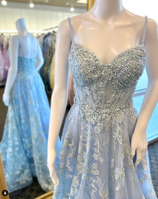 Straps Lace Long Prom Dress with Beading