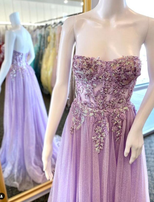 Strapless Sparkly Long Prom Dress with Lace Top