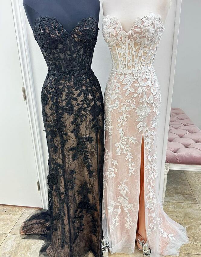 Strapless Leaf Lace Mermaid Prom Dresses Long with Slit