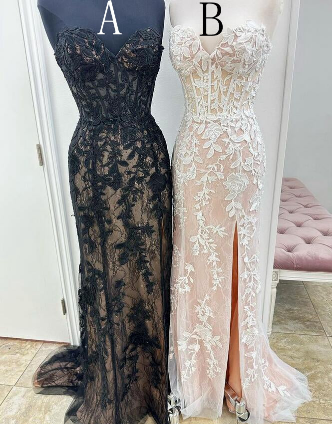 Strapless Leaf Lace Mermaid Prom Dresses Long with Slit